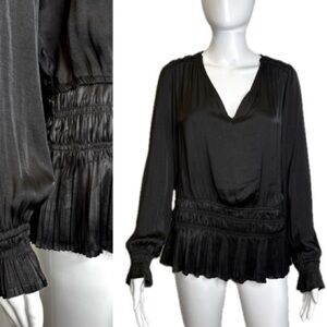 Philosophy Black Satin Pleated Smocked Blouse Size Large Long Balloon Sleeve Top